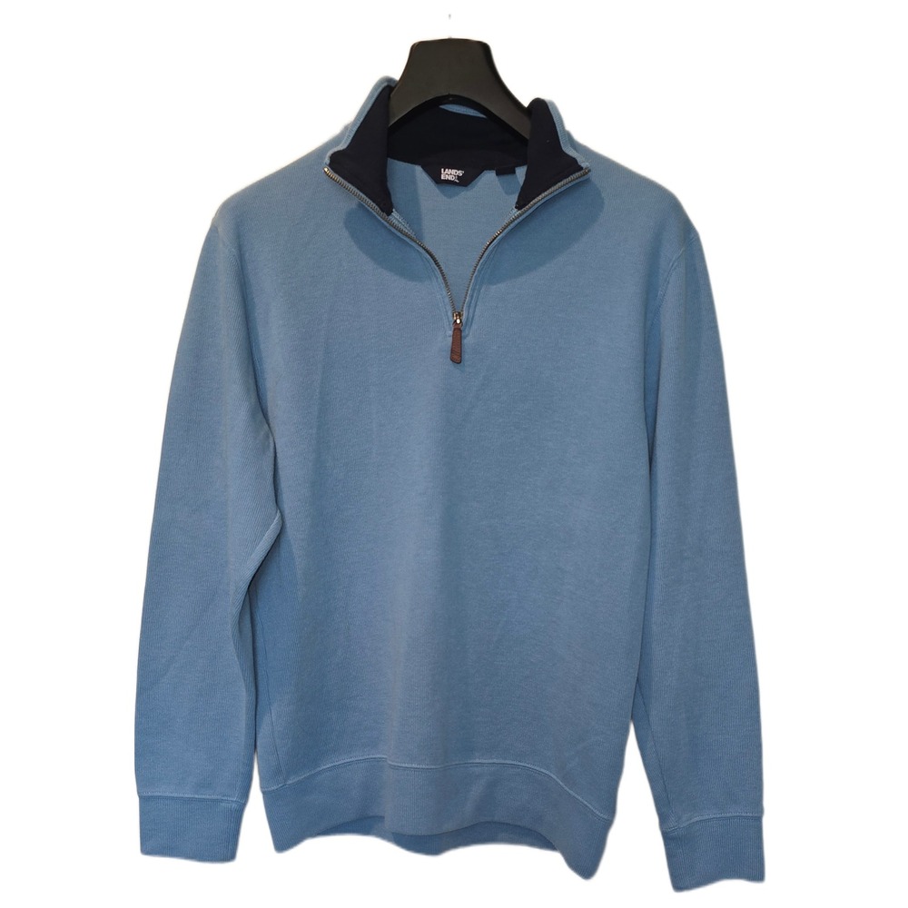 Lands End Mens Quarter Zip Pullover Sweater Light Blue Ribbed‎ Knit Size M 38-40